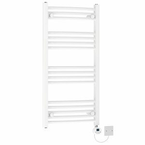 Fjord 1000 x 500mm Curved White Electric Towel Rail with White LCD Display Thermostatic Element