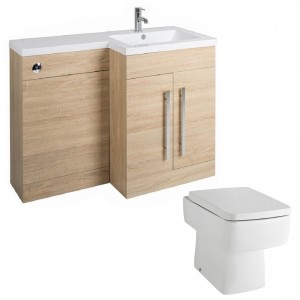 Calm Light Oak Right Hand Combination Vanity Unit Basin L Shape with Back to Wall Boston Toilet &amp; Soft Close Seat &amp; Concealed Cistern - 1100mm