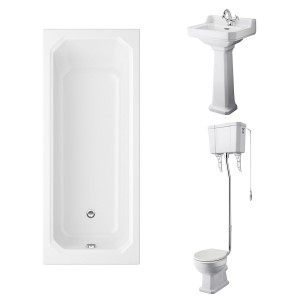 Wellington High Level Toilet with Sand Seat & 500mm 1 Tap Hole Basin with 1700 x 750mm Traditional Straight Bath Single Ended