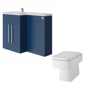 Calm Matt Blue Left Hand Combination Vanity Unit Basin L Shape with Back to Wall Boston Toilet &amp; Soft Close Seat &amp; Concealed Cistern - 1100mm