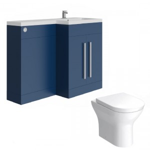 Calm Matt Blue Right Hand Combination Vanity Unit Basin L Shape with Back to Wall Fresh Curved Toilet & Soft Close Seat & Concealed Cistern - 1100mm