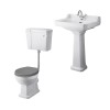 Wellington Low Level Comfort Height Toilet with Grey Seat & 560mm 1 Tap Hole Basin Cloakroom Suite