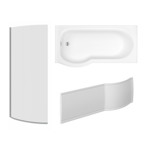 Pendle 1500mm P Shape Shower Bath Left Hand with Front Panel and Chrome Bath Screen