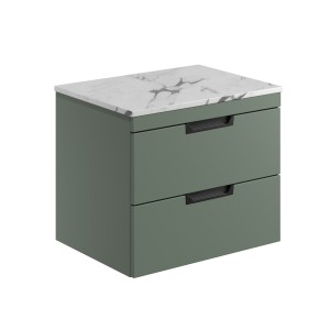 Rydal 600mm Wall Hung Vanity with Worktop & Black Handles - Reed Green