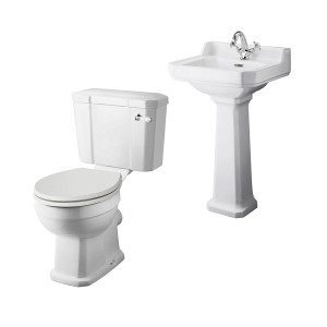 Wellington Close Coupled Comfort Height Toilet with Sand Seat & 500mm 1 Tap Hole Basin Cloakroom Suite