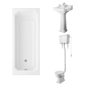 Wellington High Level Comfort Height Toilet with Sand Seat & 500mm 1 Tap Hole Basin with 1700 x 750mm Traditional Straight Bath Single Ended