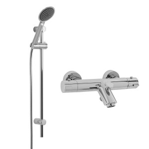 Modern 19mm Round Shower Rail & 1 Setting Head with Round Thermostatic Cool Touch Shower & Bath Valve