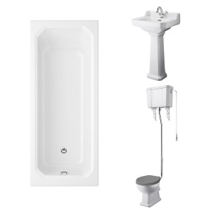 Wellington High Level Toilet with Grey Seat & 500mm 1 Tap Hole Basin with 1700 x 750mm Traditional Straight Bath Single Ended