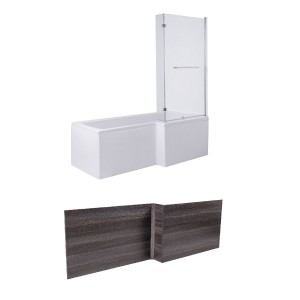 Live 1700mm Right Hand L Shape Shower Bath with Screen and Calm Grey Effect Wooden Panel