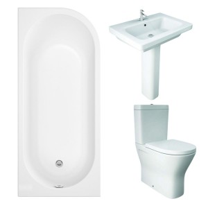 RAK Resort Maxi Closed Back Toilet with 650mm Basin Modern Bathroom Suite with J-Shape Bath - Right Handed - 1700mm