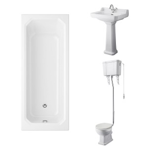 Wellington High Level Comfort Height Toilet with Sand Seat & 560mm 1 Tap Hole Basin with 1700 x 750mm Traditional Straight Bath Single Ended