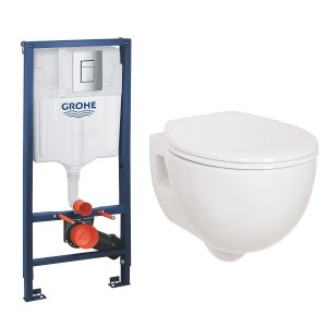Energise Wall Hung Toilet Pan with Soft Close Seat and GROHE Rapid SL Wall Hung Toilet Frame with Cistern