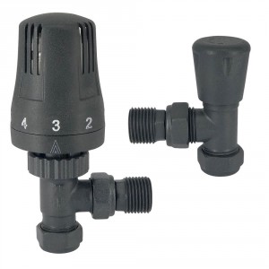 Angled 1 x 15mm Anthracite Radiator Thermostatic & Manual Valve - Pair