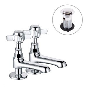 Lincoln Traditional Crosshead Basin Pillar Taps - Chrome and White - Includes Waste