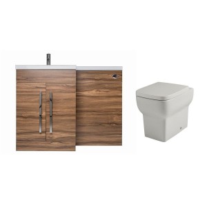 Calm Walnut Left Hand Combination Vanity Unit Basin L Shape with Back to Wall Kartell Korsika Toilet & Soft Close Seat & Concealed Cistern - 1100mm 