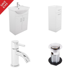 Absolute White 550mm Vanity Unit Basin and Bathroom Storage With Tap And Waste Included