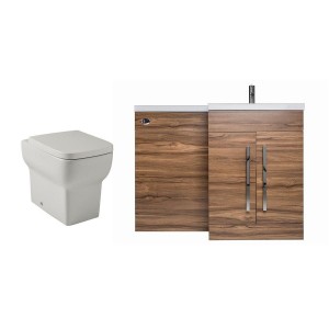 Calm Walnut Right Hand Combination Vanity Unit Basin L Shape with Back to Wall Kartell Korsika Toilet & Soft Close Seat & Concealed Cistern - 1100mm 
