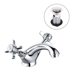 Lincoln Traditional Crosshead Basin Mixer Tap - Chrome and White - Includes Waste