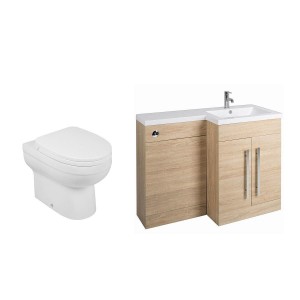 Calm Oak Right Hand Combination Vanity Unit Basin L Shape with Back to Wall Lima Toilet & Soft Close Seat & Concealed Cistern - 1100mm 