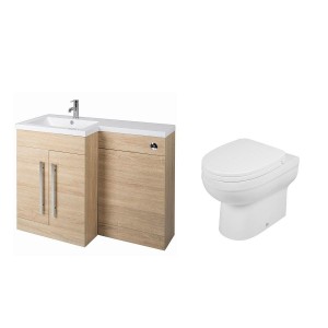 Calm Oak Left Hand Combination Vanity Unit Basin L Shape with Back to Wall Lima Toilet & Soft Close Seat & Concealed Cistern - 1100mm 