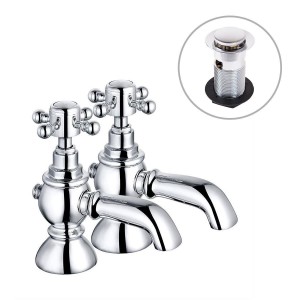 Ashwick Traditional Crosshead Basin Pillar Taps - Chrome and White - Includes Waste
