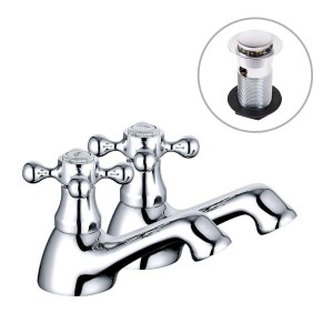 Abbey Traditional Crosshead Basin Pillar Taps - Chrome and White - Includes Waste