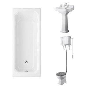 Wellington High Level Comfort Height Toilet with Grey Seat & 500mm 1 Tap Hole Basin with 1700 x 750mm Traditional Straight Bath Single Ended
