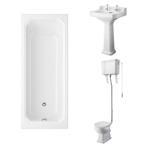 Wellington High Level Comfort Height Toilet with Sand Seat & 560mm 2 Tap Hole Basin with 1700 x 750mm Traditional Straight Bath Single Ended