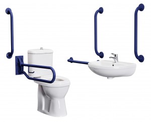 Doc M Pack - Accessible Bathroom Suite - Toilet, Wall Hung Basin + Blue Grab Rails