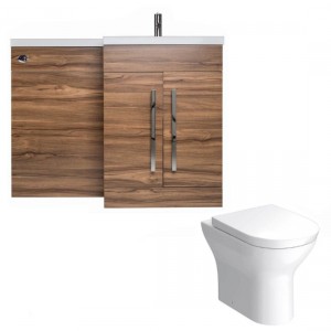 Calm Walnut Right Hand Combination Vanity Unit Basin L Shape with Back to Wall Fresh Curved Toilet & Soft Close Seat & Concealed Cistern - 1100mm