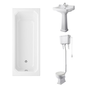 Wellington High Level Comfort Height Toilet with Sand Seat & 600mm 1 Tap Hole Basin with 1700 x 750mm Traditional Straight Bath Single Ended