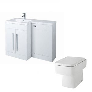 Calm White Left Hand Combination Vanity Unit Basin L Shape with Back to Wall Boston Toilet &amp; Soft Close Seat &amp; Concealed Cistern - 1100mm