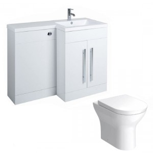 Calm White Right Hand Combination Vanity Unit Basin L Shape with Back to Wall Fresh Curved Toilet & Soft Close Seat & Concealed Cistern - 1100mm