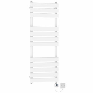 Juva 1200 x 450mm White Flat Panel Electric Towel Rail with White LCD Display Thermostatic Element
