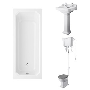 Wellington High Level Comfort Height Toilet with Grey Seat & 500mm 2 Tap Hole Basin with 1700 x 750mm Traditional Straight Bath Single Ended