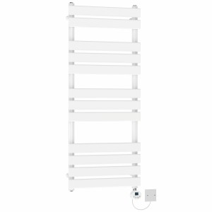 Juva 1200 x 500mm White Flat Panel Electric Towel Rail with White LCD Display Thermostatic Element