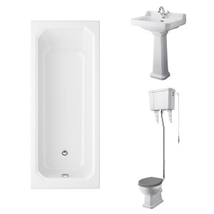 Wellington High Level Comfort Height Toilet with Grey Seat & 560mm 1 Tap Hole Basin with 1700 x 750mm Traditional Straight Bath Single Ended