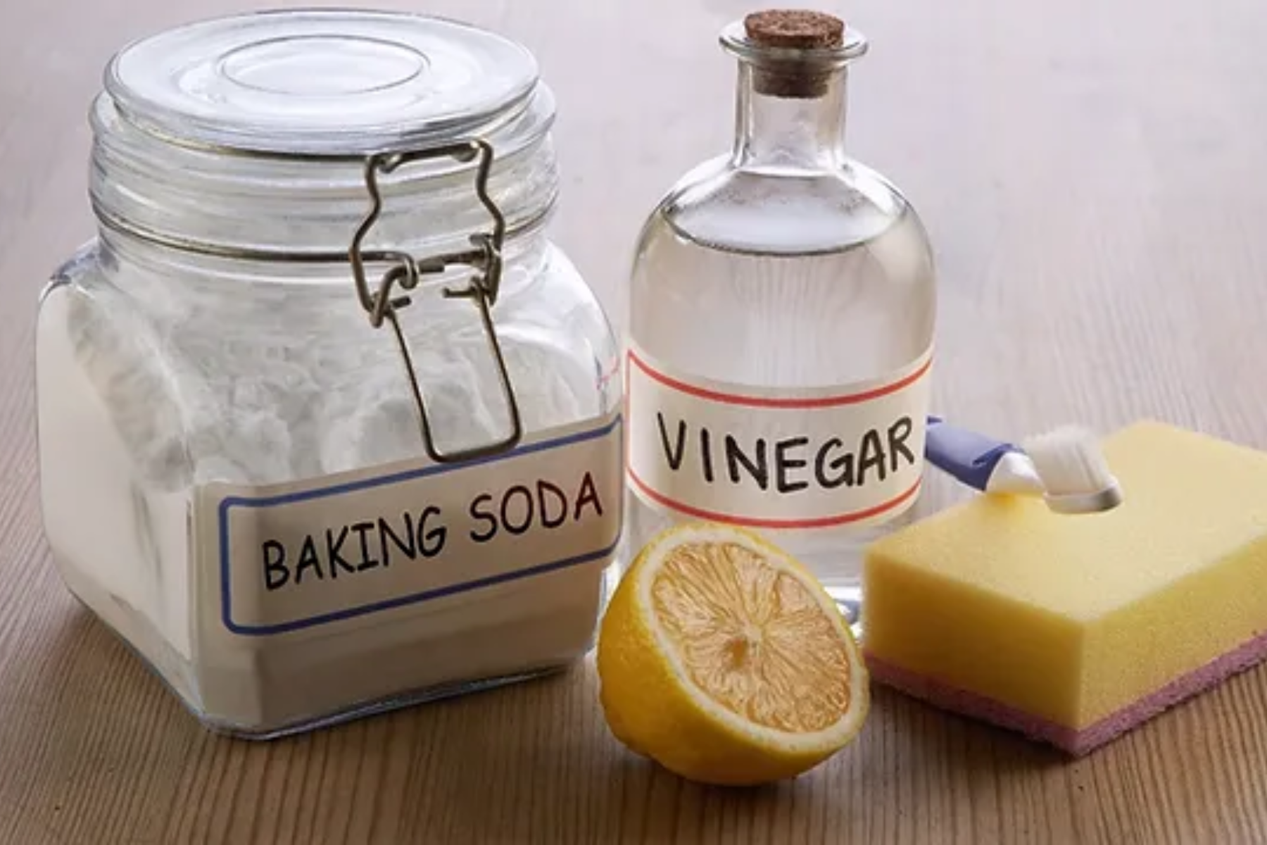 Baking Soda And White Vinegar And Lemon Used For Cleaning Shower Glass