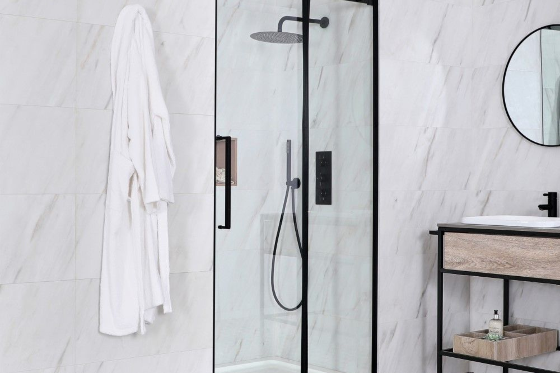 Frameless Matt Black Shower Enclosure In Stylish Bathroom