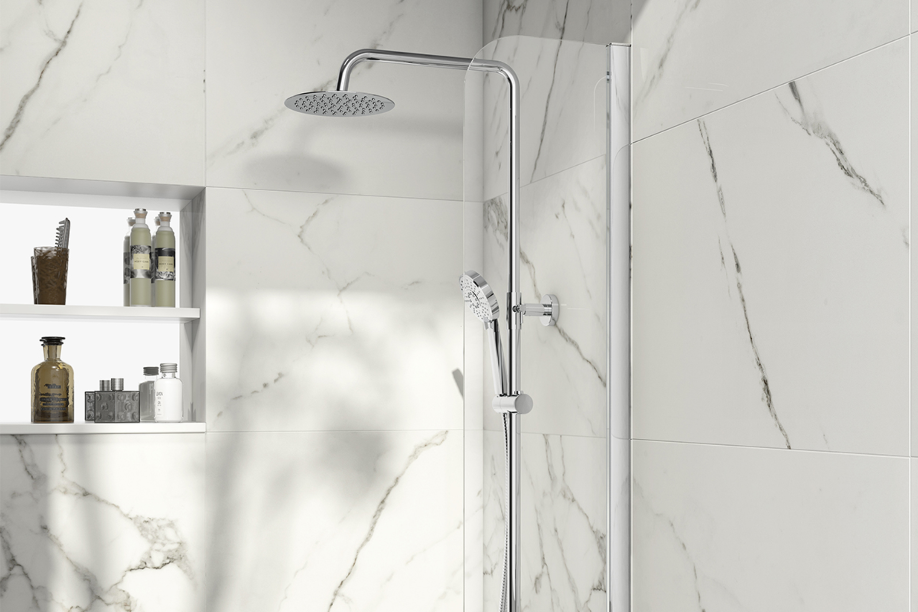 Modern Shower Head In White Tiled Bathroom