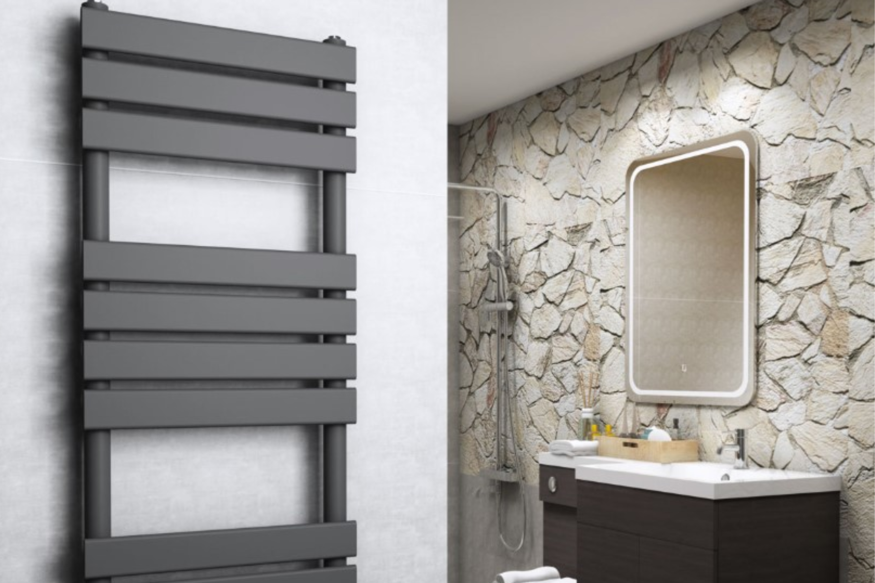 Vertical Radiator In Bathroom With A Stylish Bathroom Wallpaper Feature