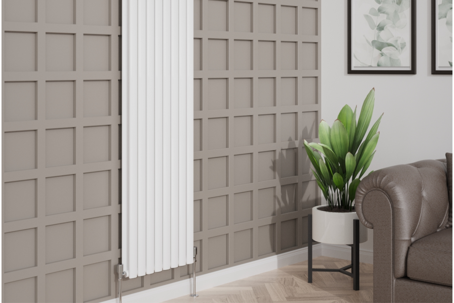 White Vertical Radiator In Living Room Setting Mounted Onto Wall