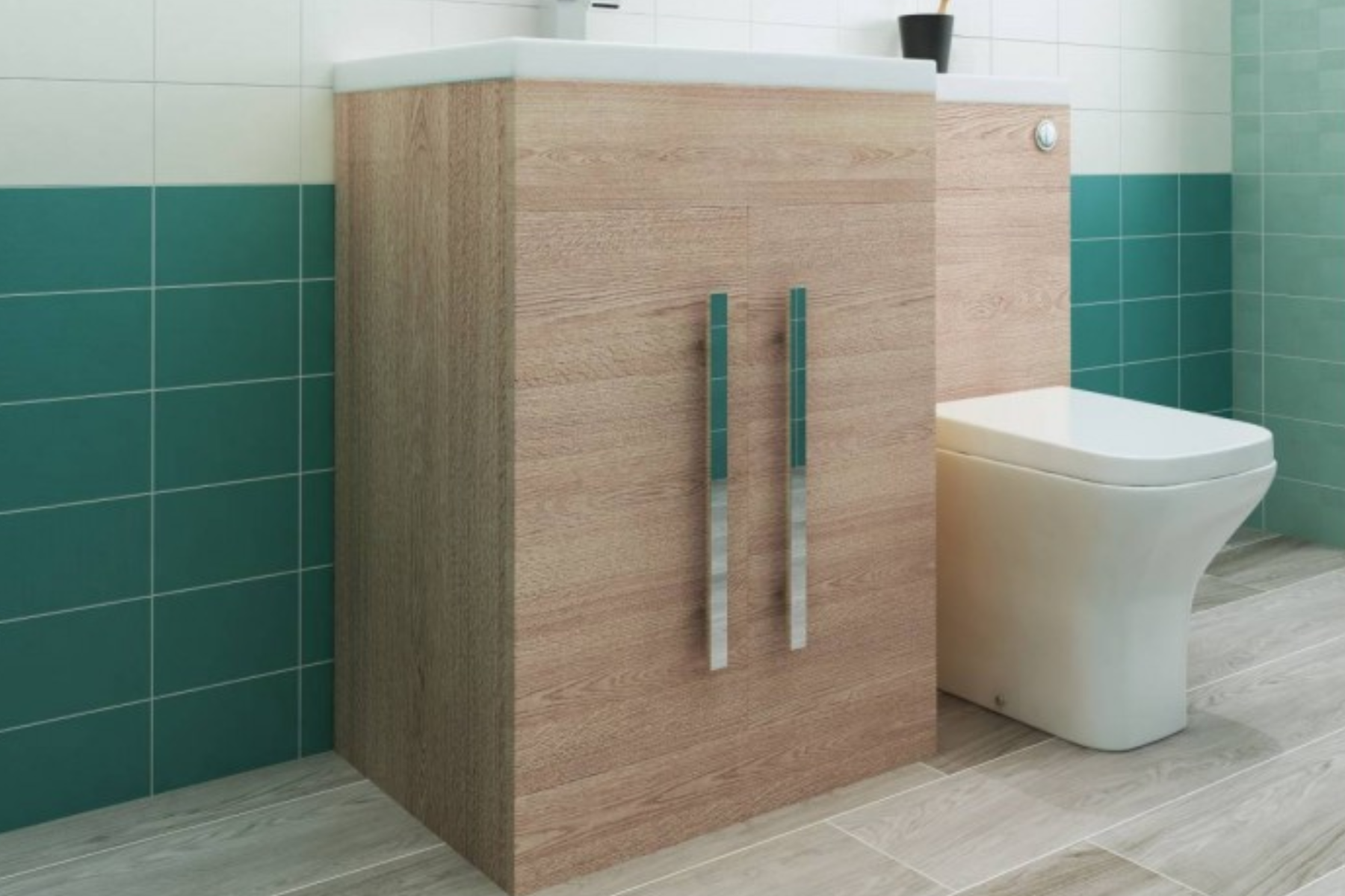 combination toliet and basin set in bathroom setting against green tiled wall