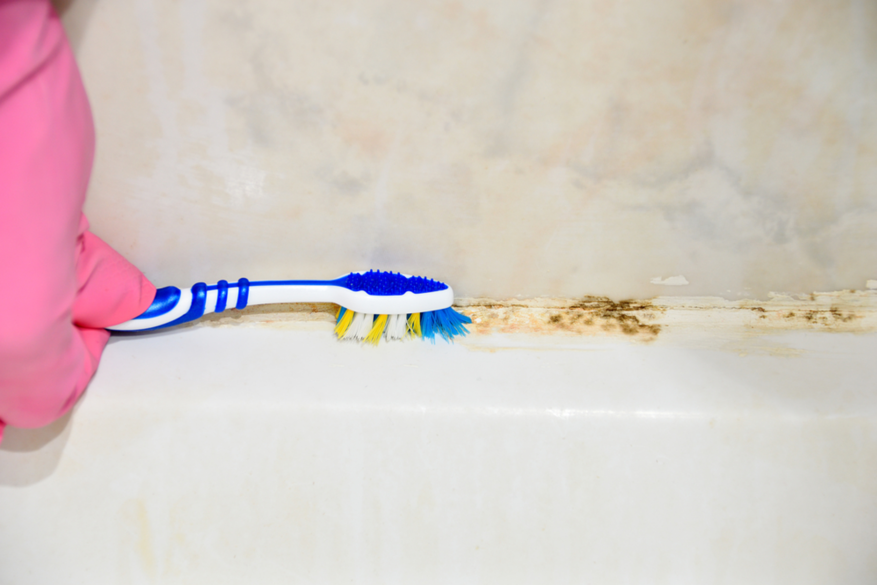 Homeowner Scrubbing Away Mould With Toothbrush