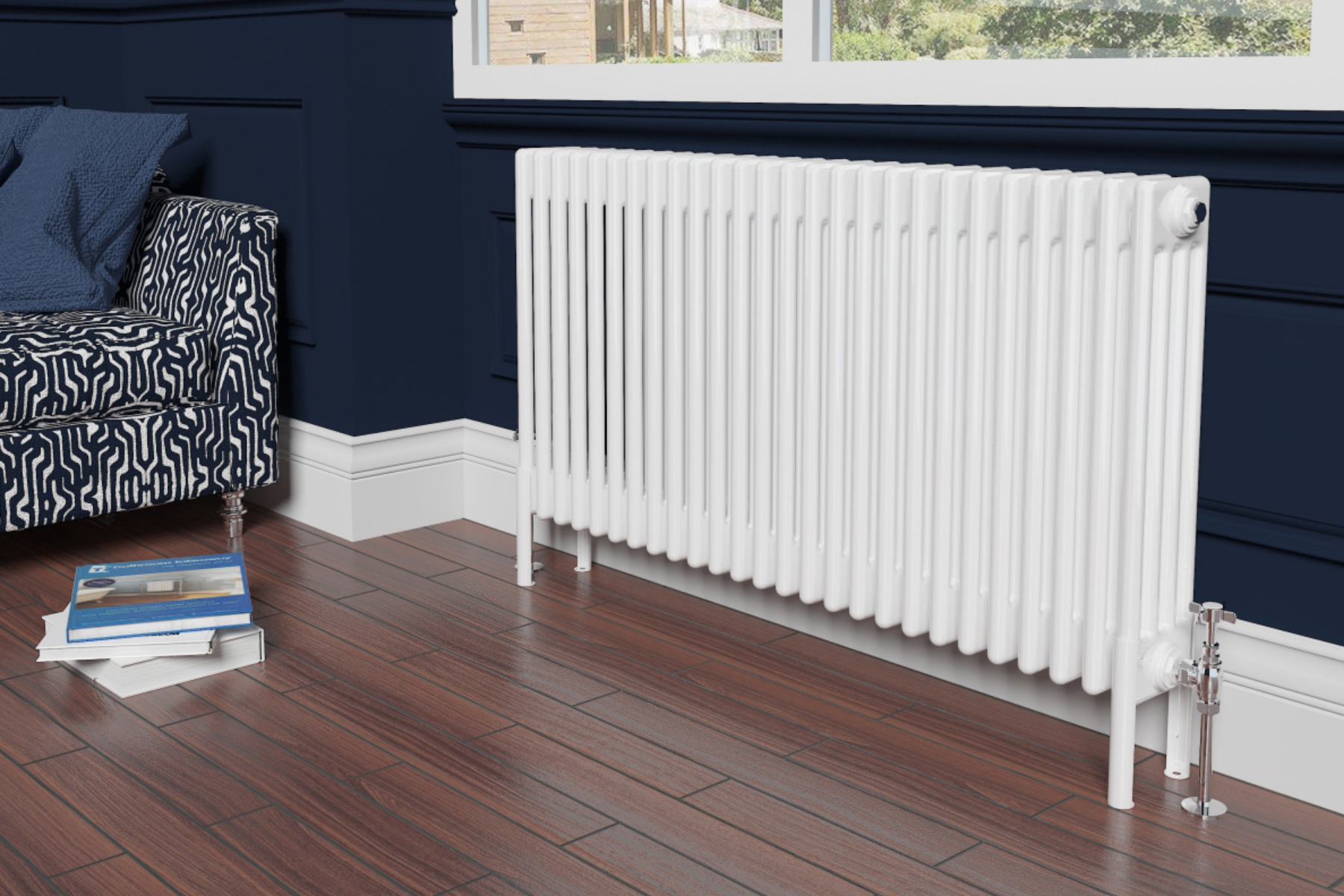 White Radiator In Lounge Setting Against Navy Blue Wall