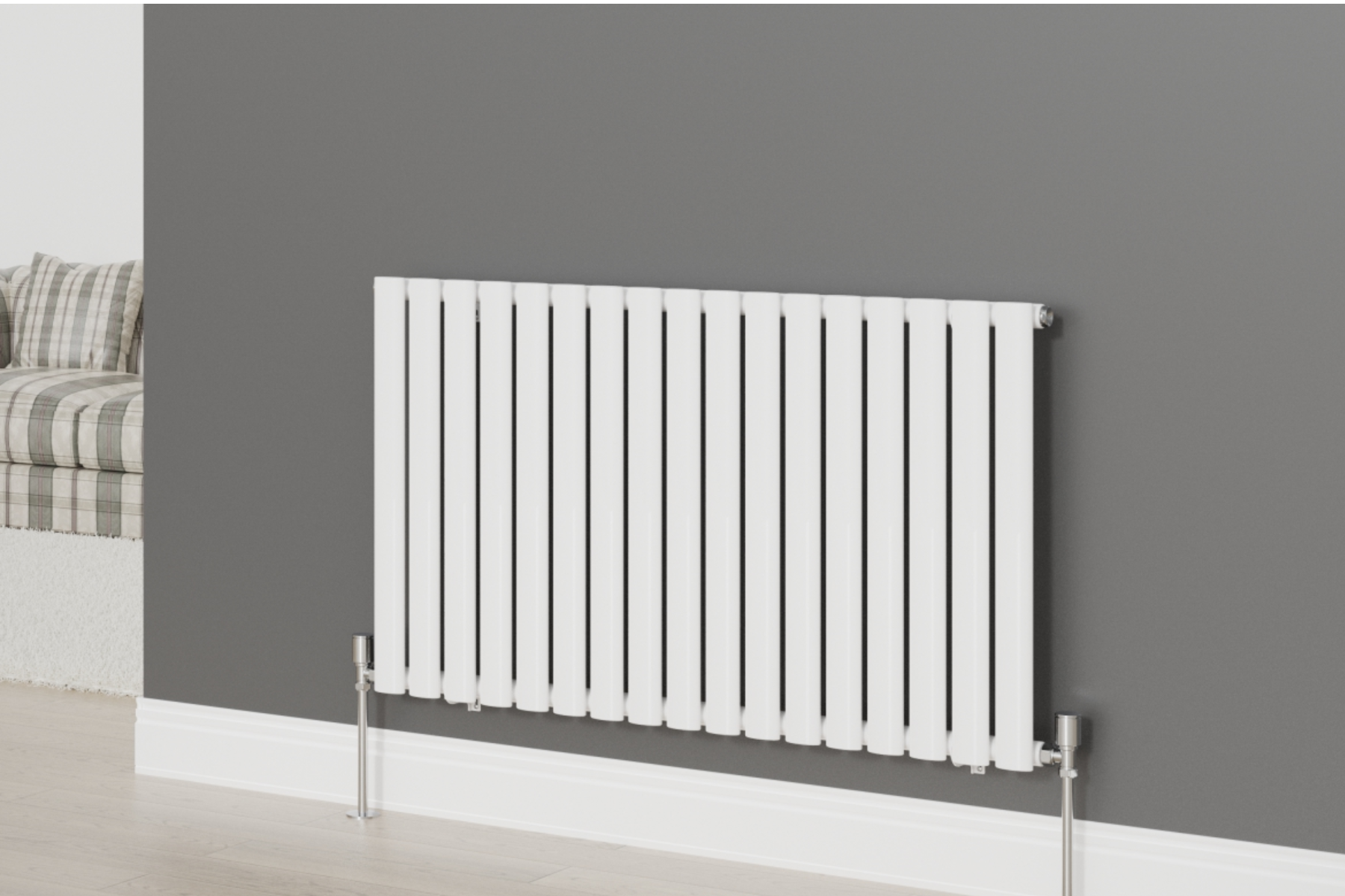 White Panel Radiator In House Setting Against Grey Wall