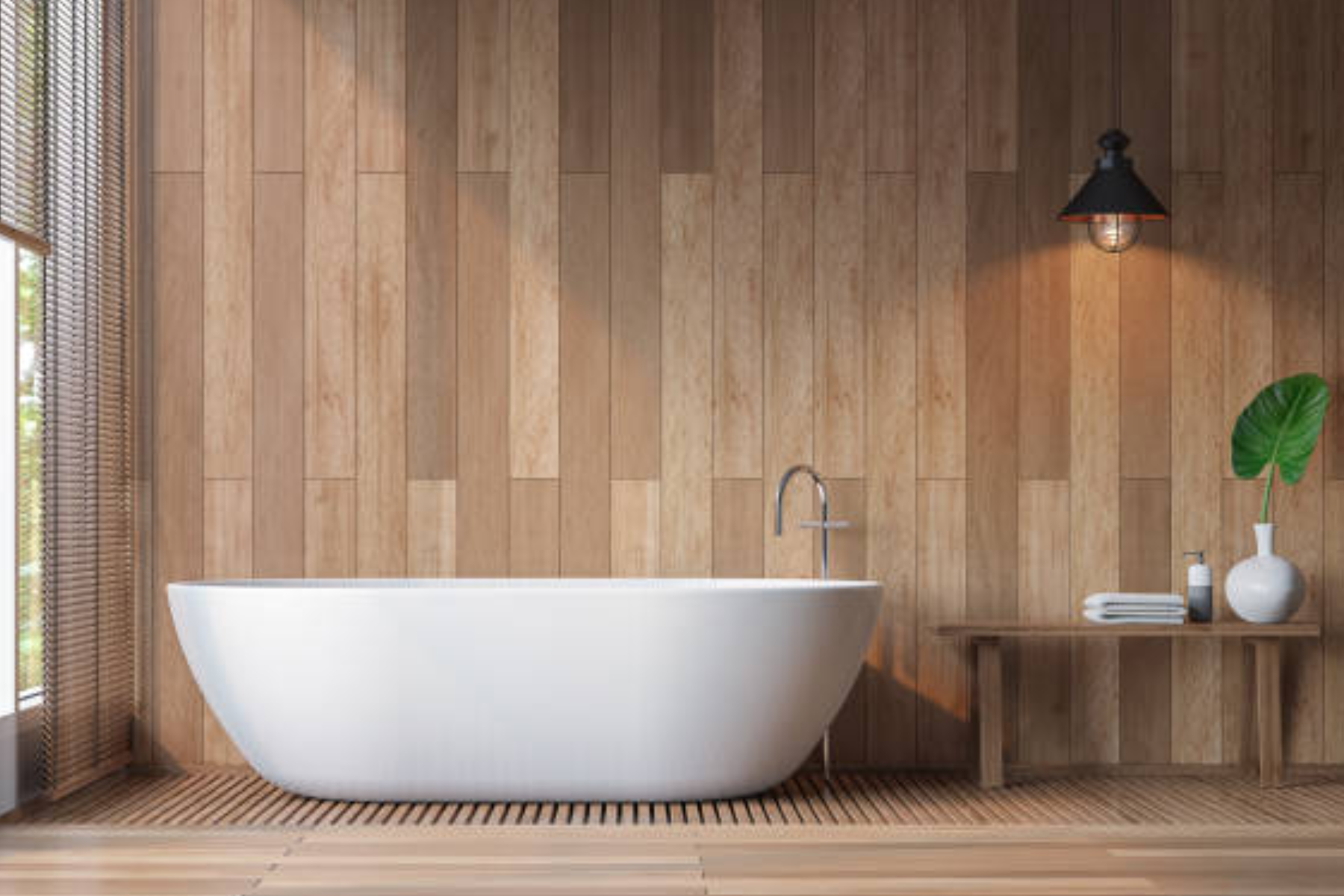 Wooden Wall And Themed Bathroom With Showpiece Bath